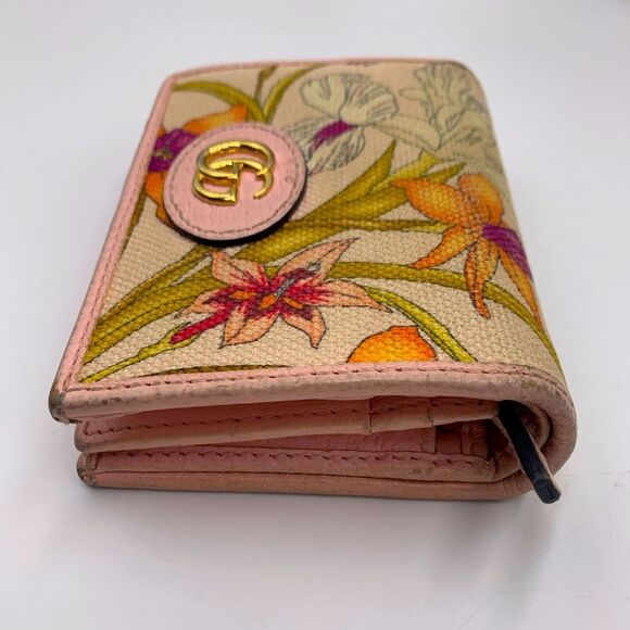 Ltd Edition GUCCI GG Logo Japanese Floral Pinks Leather Canvas Sml Bifold Wallet - Picture 3 of 10